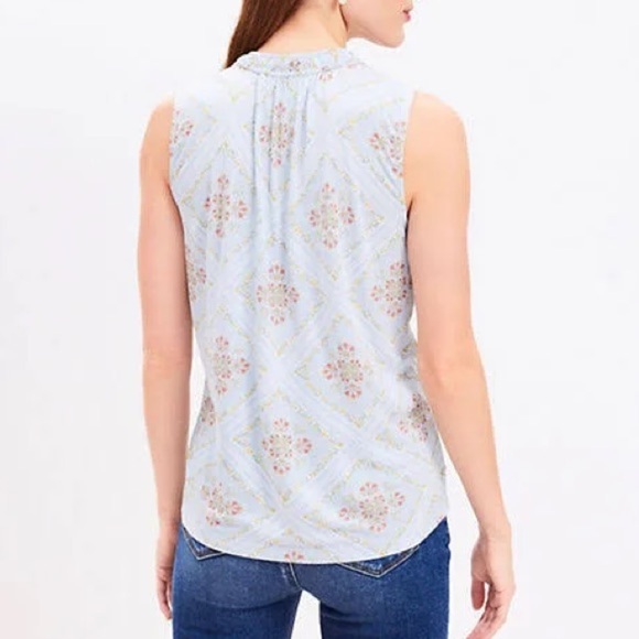 LOFT Sky Blue Floral Sleeveless Bow-Front Blouse - Picture 2 of 7